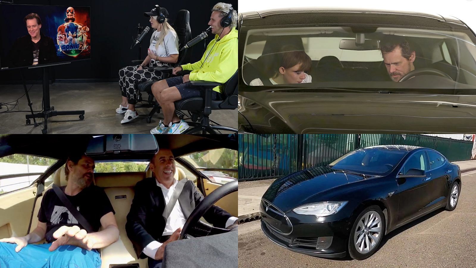 Collage of Jim Carrey driving his Tesla Model S