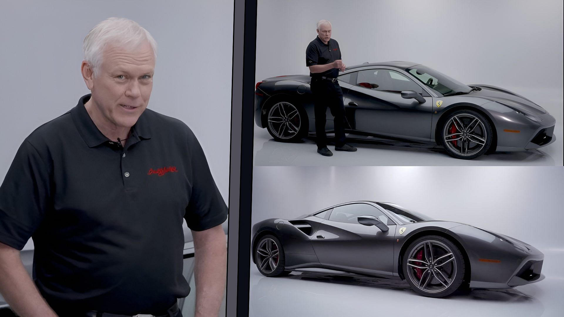 Collage of Craig Jackson with his dark grey 2018 Ferrari 488 GTB