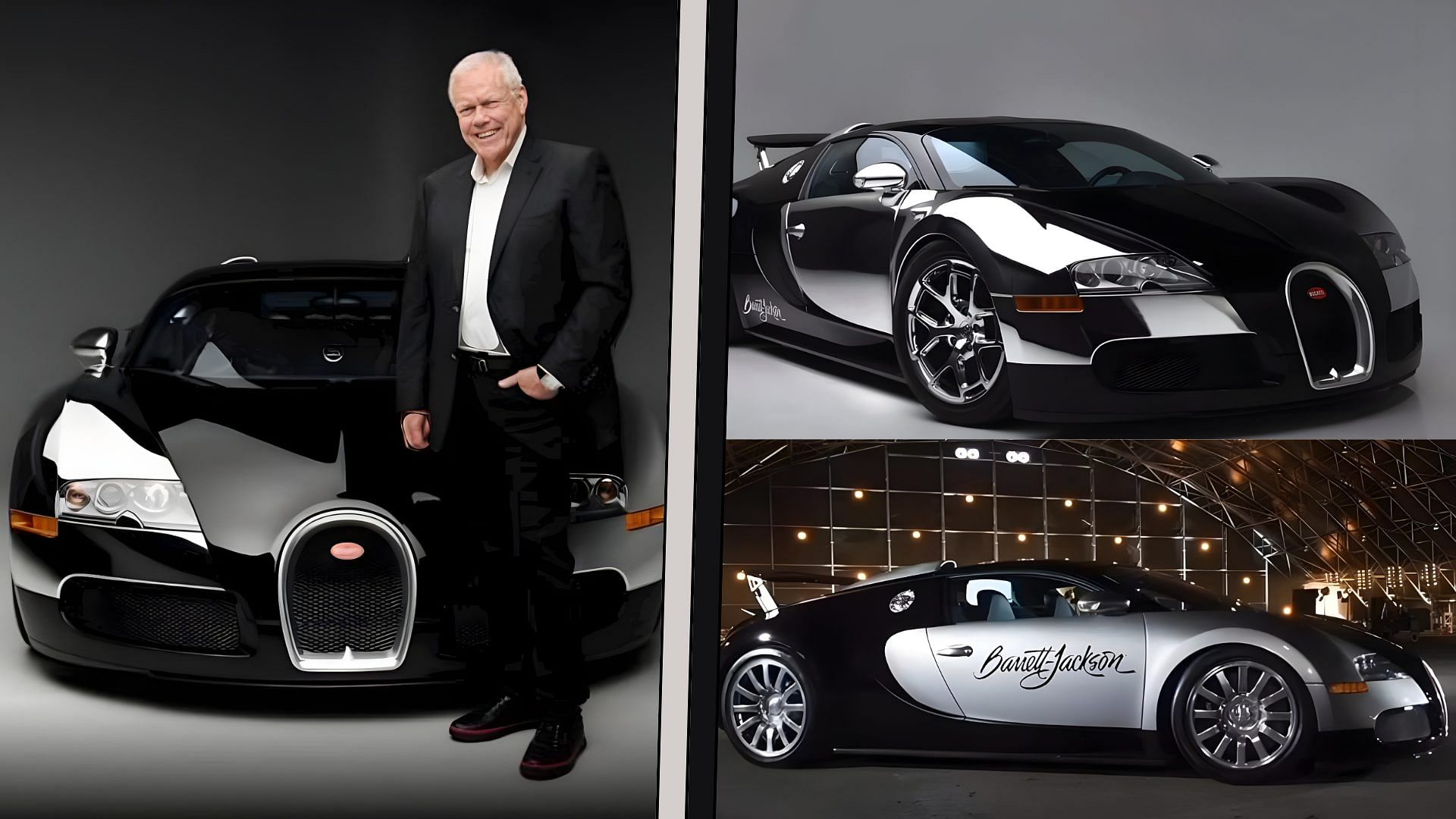 Collage of Craig Jackson with his black 2008 Bugatti Veyron