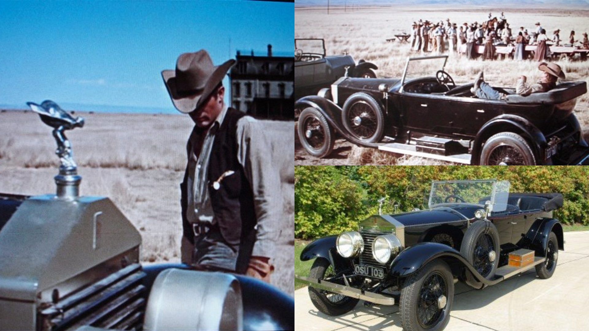 Collage of James Dean with his black 1920 Rolls Royce Silver Ghost Pall Mall Tourer