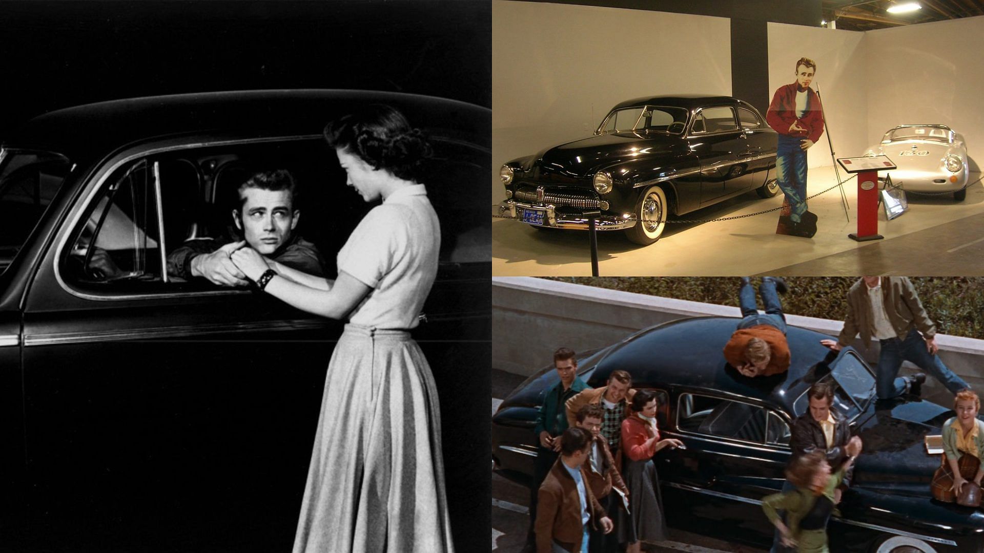 Collage of James Dean with his black 1949 Mercury Coupe