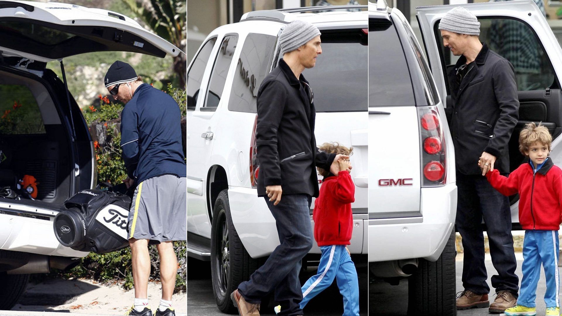 Matthew McConaughey beside his white 2014 GMC Yukon XL