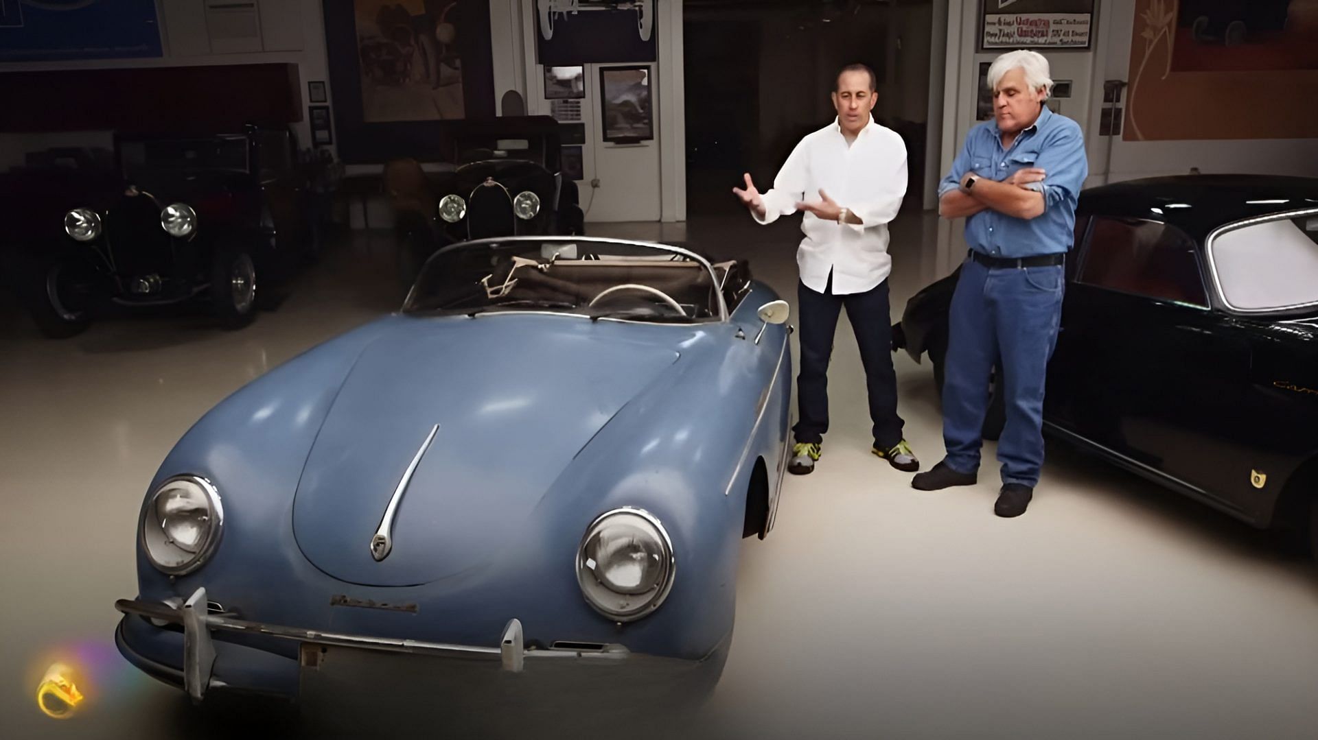 Jerry Seinfeld and jay Leno talking about his 1957 Porsche 356 A Speedster on Jay Leno's Garage