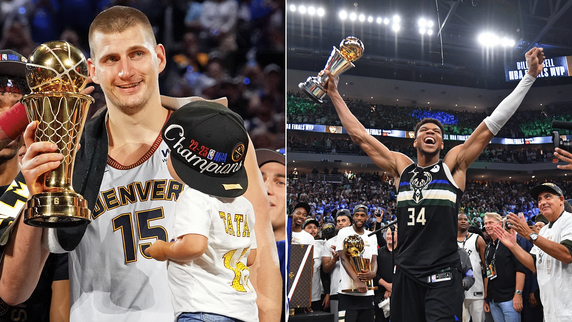 Giannis and Nikola with their Finals MVP trophy