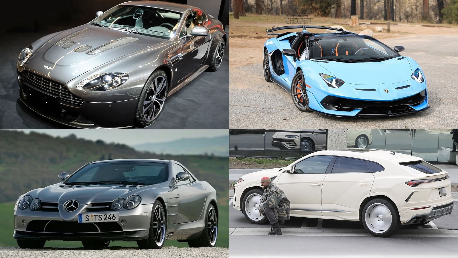 Kanye West's car collection includes Aston Martin, Lamborghini Aventador, Lamborghini Urus, Mercedes-Benz McLaren SLR
