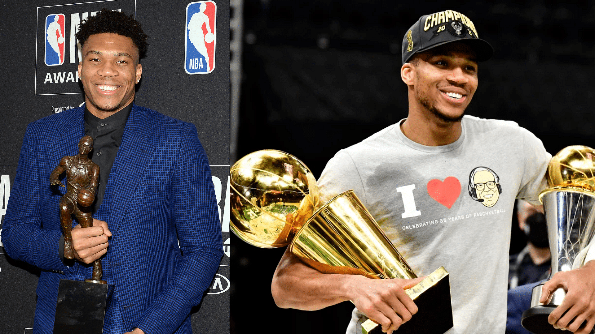 Giannis Antetokounmpo with his MVP trophy and the Larry O'Brien Championship Trophy