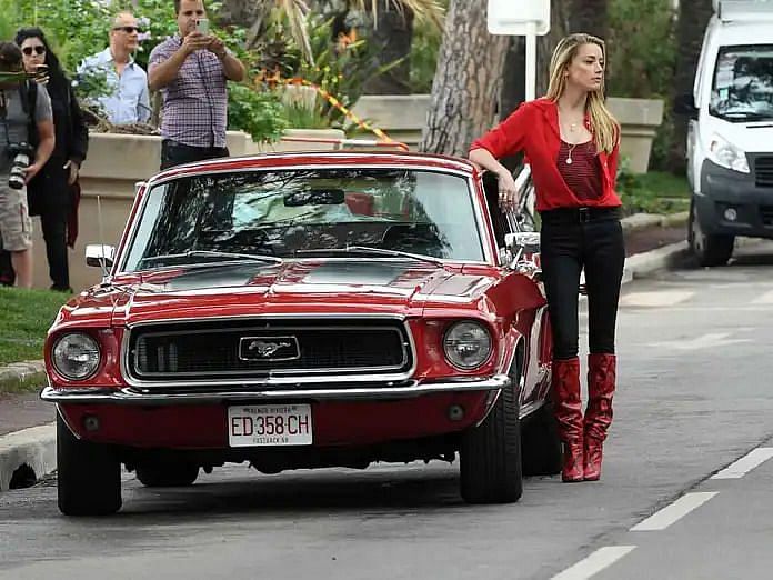 1968 red Ford Mustang with Amber Heard 