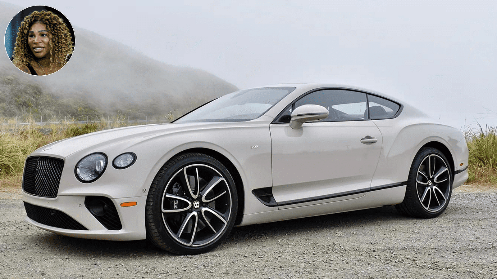 An image of a white 2024 Bentley Continental GT with Serena Williams' mugshot on the top left