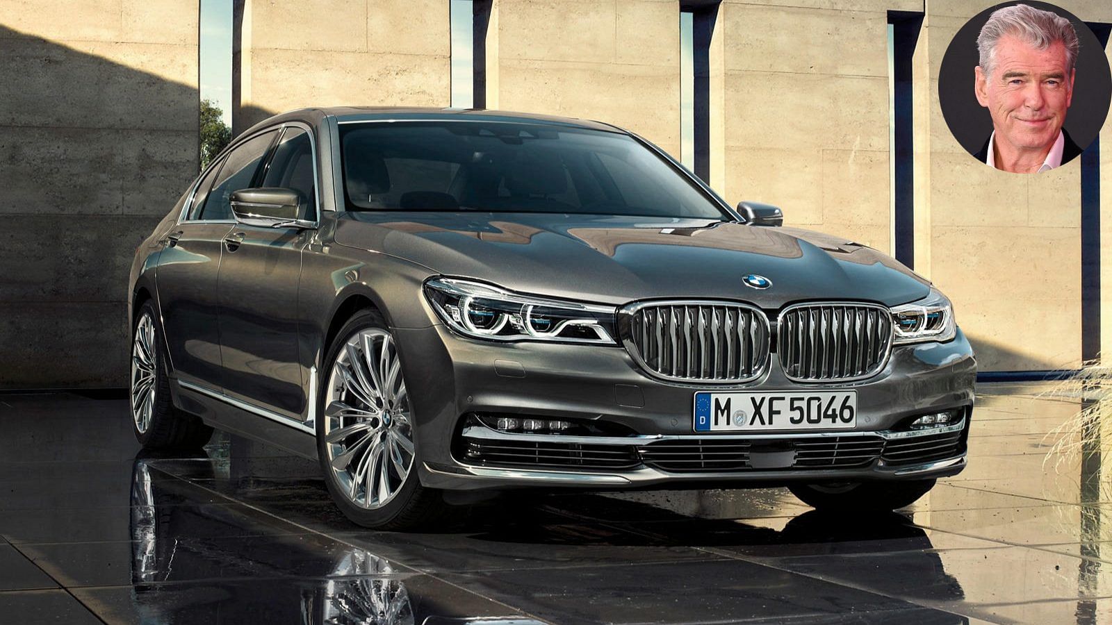 brown 2018 BMW 750i with a cutout of Pierce Brosnan