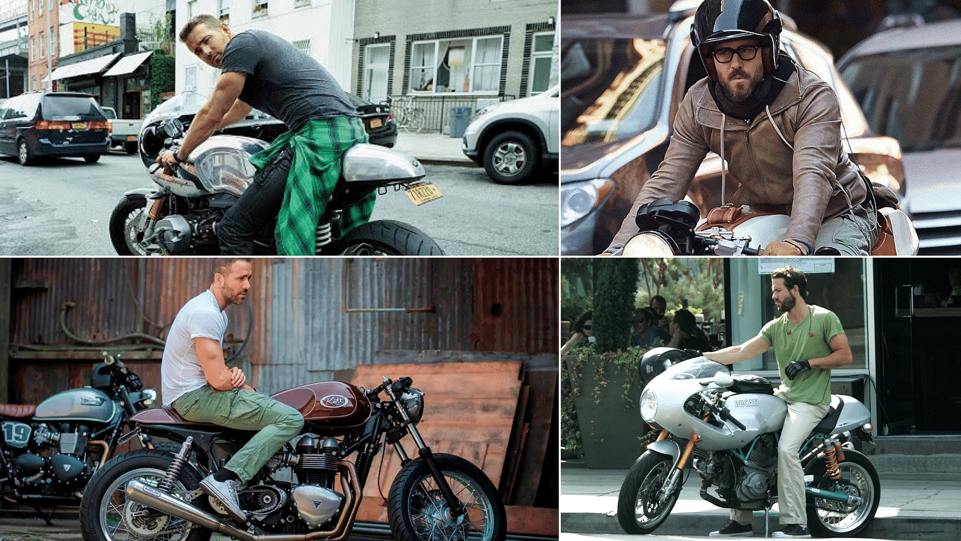 Ryan Reynolds with his motorcycles, Ducati, Triumph