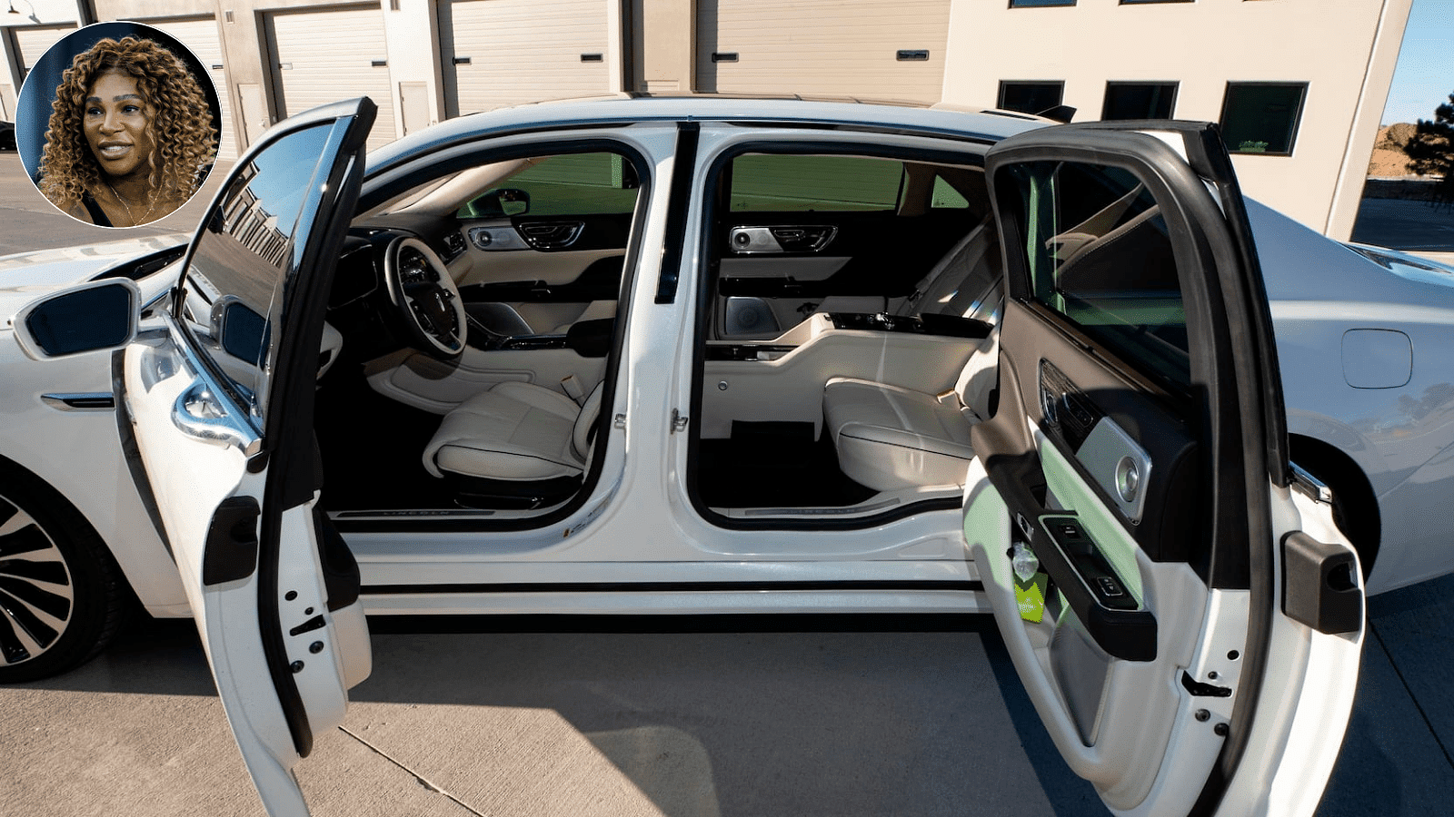 And image of a white 2020 Lincoln Continental Coach Door Edition's exterior and interior, with Serena William' mugshot on the top left