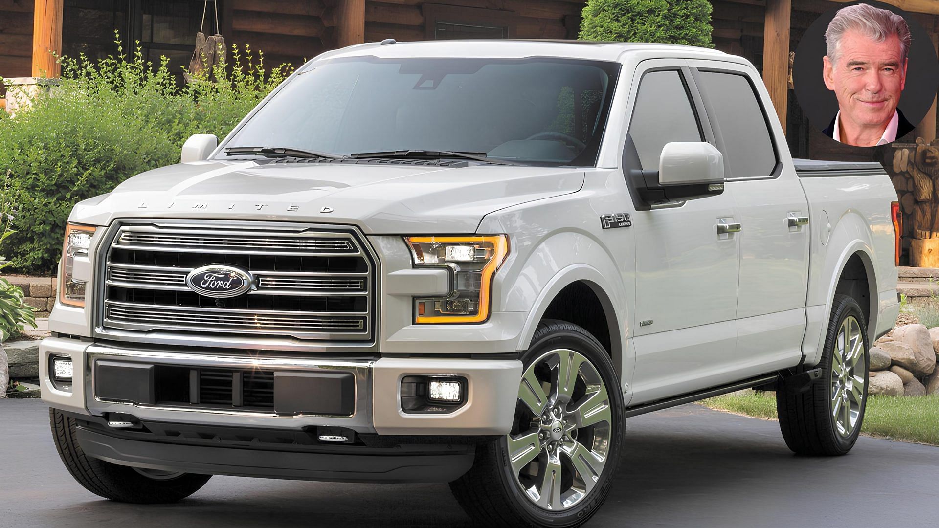 white 2017 Ford F-150 with a cutout of Pierce Brosnan