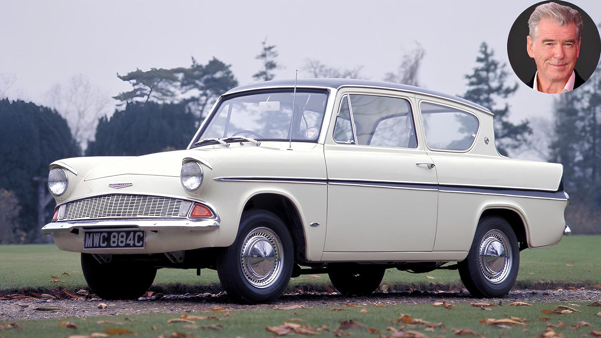 white 1965 Ford Anglia 105E with a cutout of Pierce Brosnan