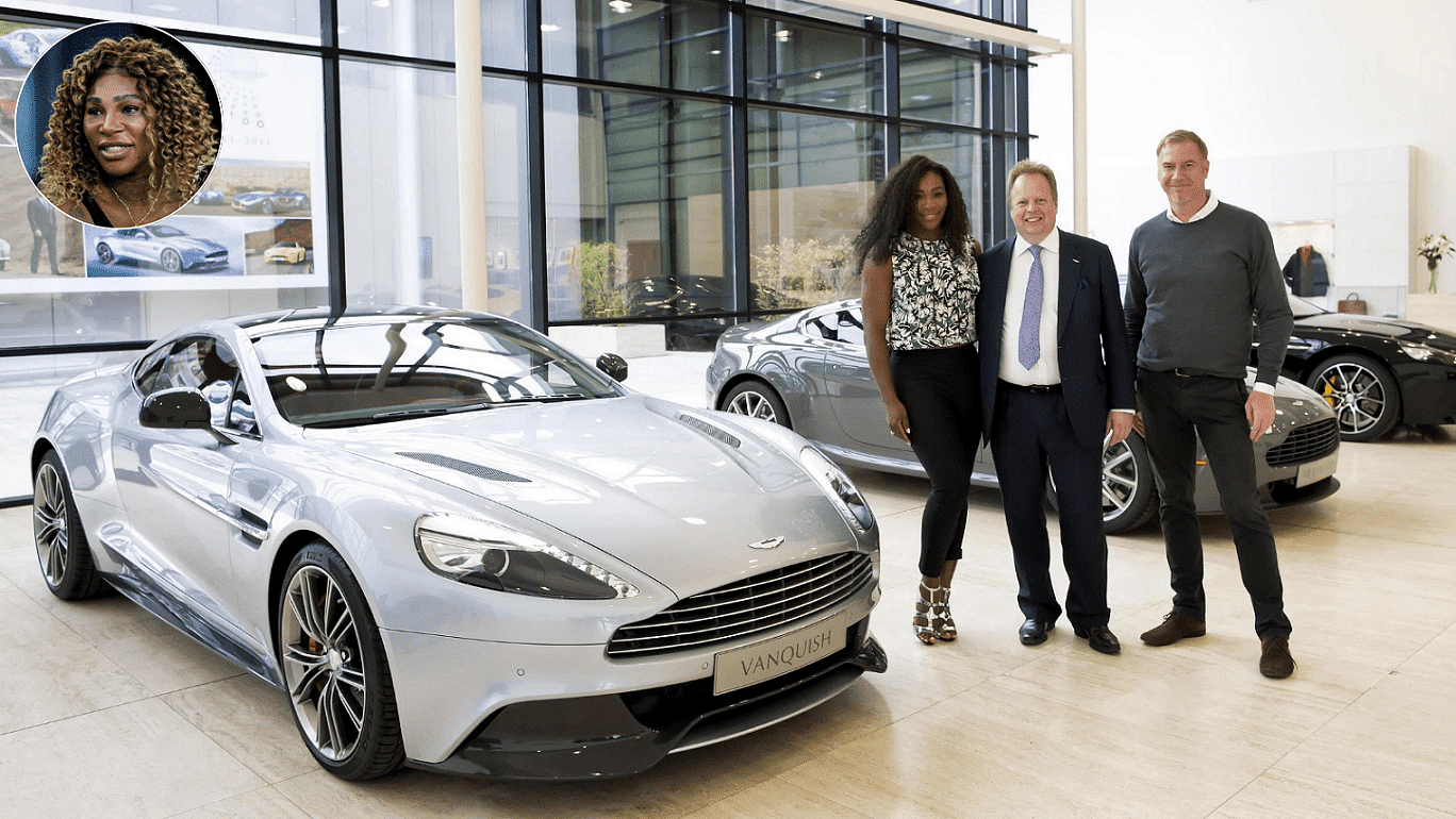 Serena Williams standing in front of her white 2018 Aston Martin Vanquish 