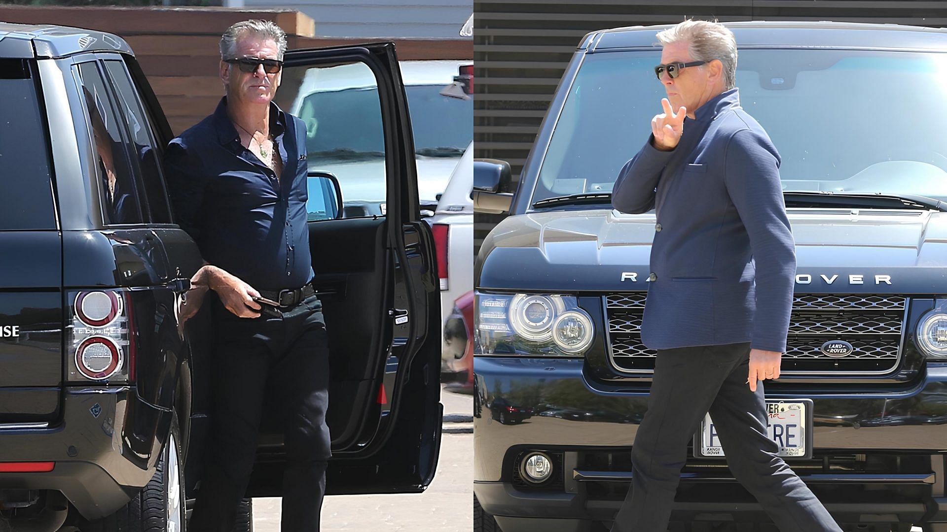 Collage of Pierce Brosnan standing around his black 2014 Range Rover HSE