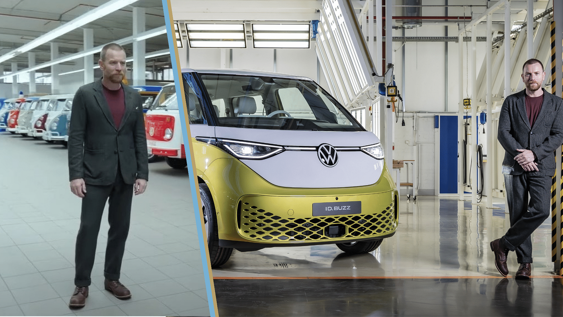 Ewan McGregor visiting VW plant and standing by the ID. Buzz